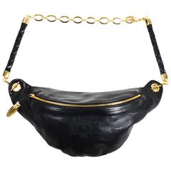 Vintage Bottega Veneta Black Leather & Gold Tone Metal Fanny Pack Hip Bag