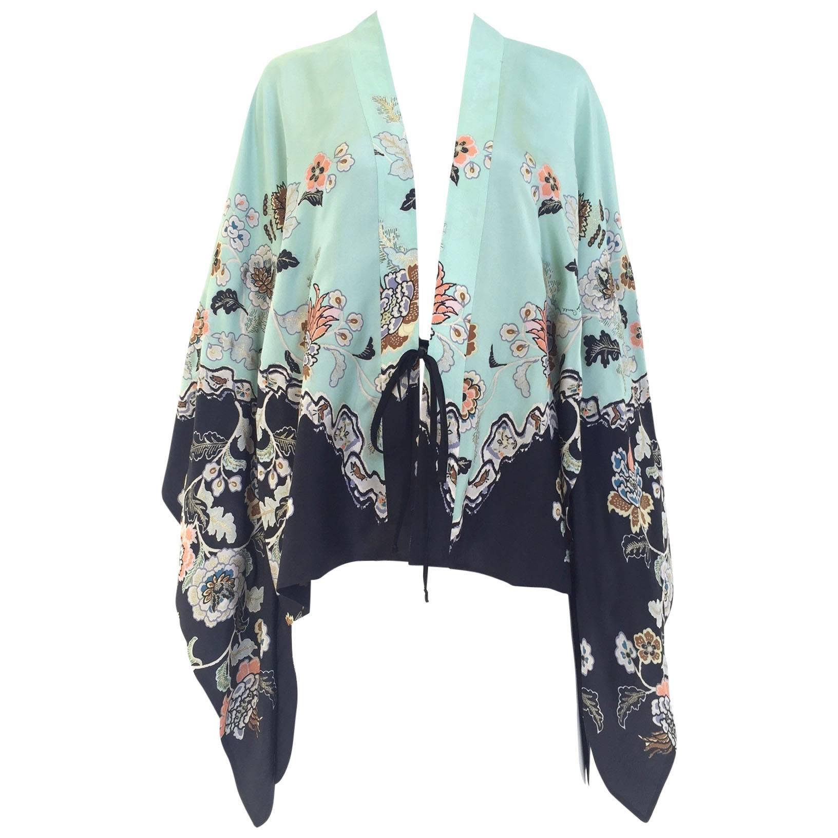 2000s Roberto Cavalli mint green silk print kimono top