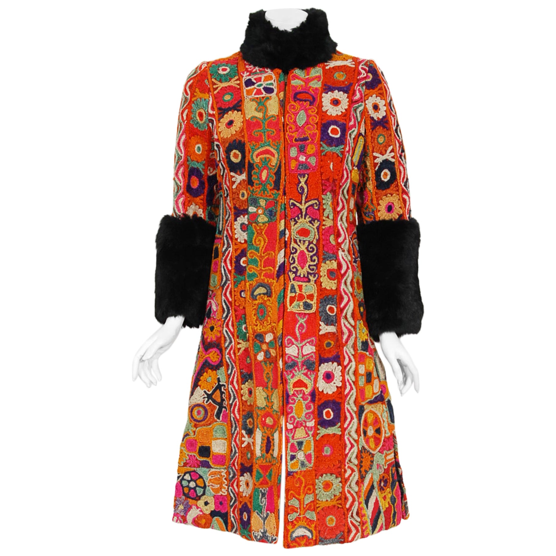 Vintage 1969 Thea Porter Couture Rare 'Samawa' Embroidered Wool Documented Coat For Sale