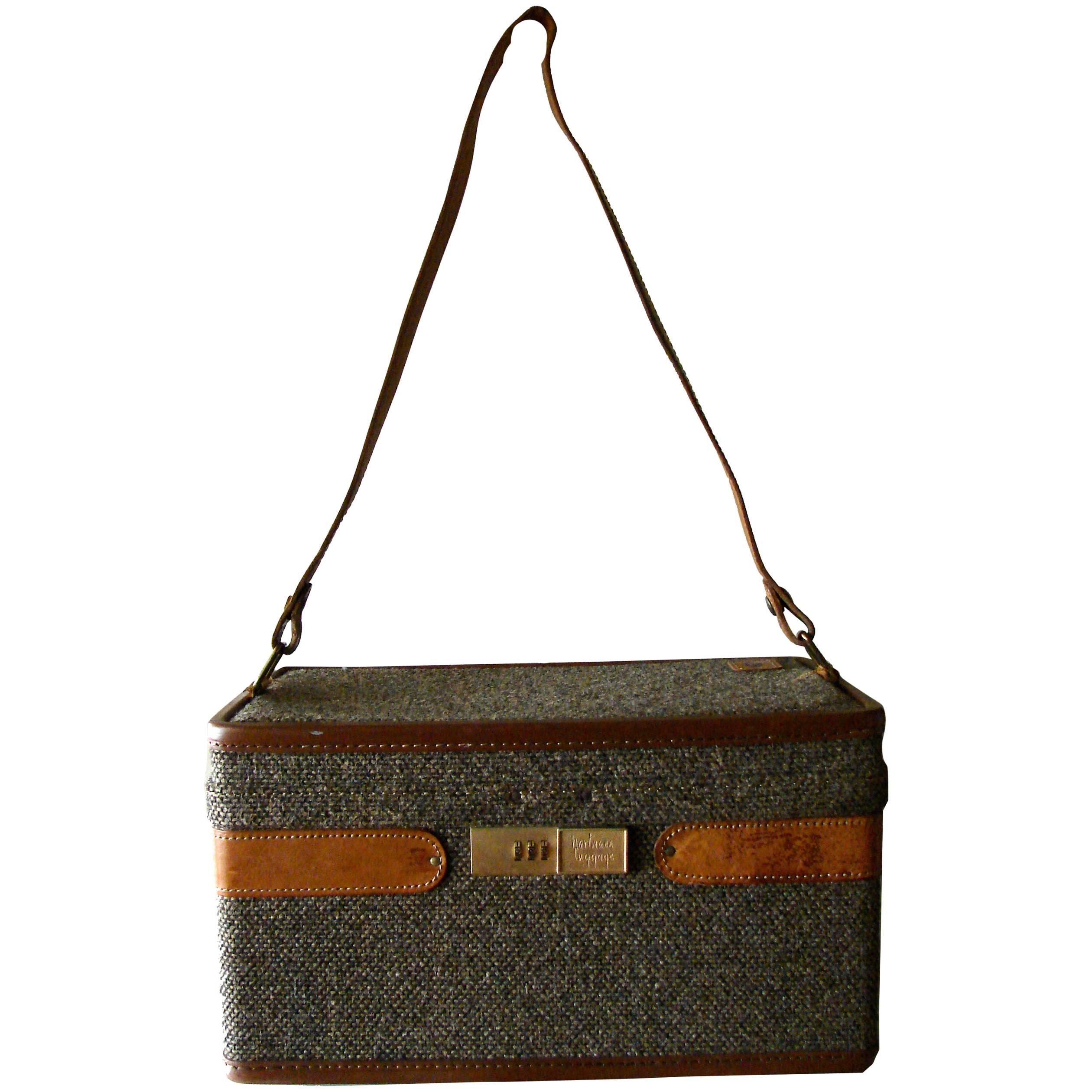 1970s Hartmann Tweed + Leather Train Case with Toile Lining + Adjustable Strap 