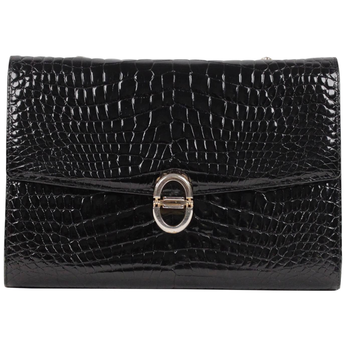 VINTAGE Black CROCODILE Leather CLUTCH Handbag FLAP PURSE