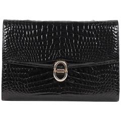 Vintage Black CROCODILE Leather CLUTCH Handbag FLAP PURSE