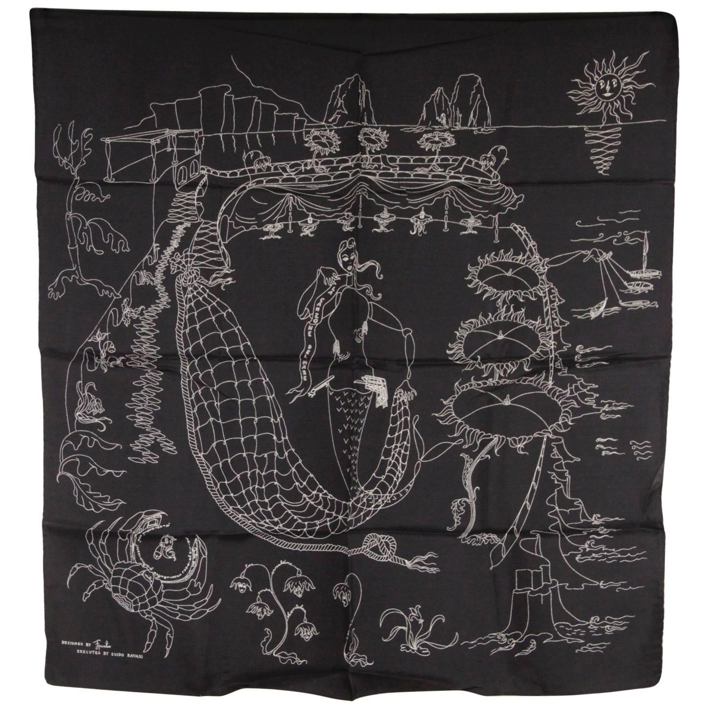 EMILIO PUCCI GUIDO RAVASI Vintage Black Silk SCARF La Canzone del Mare