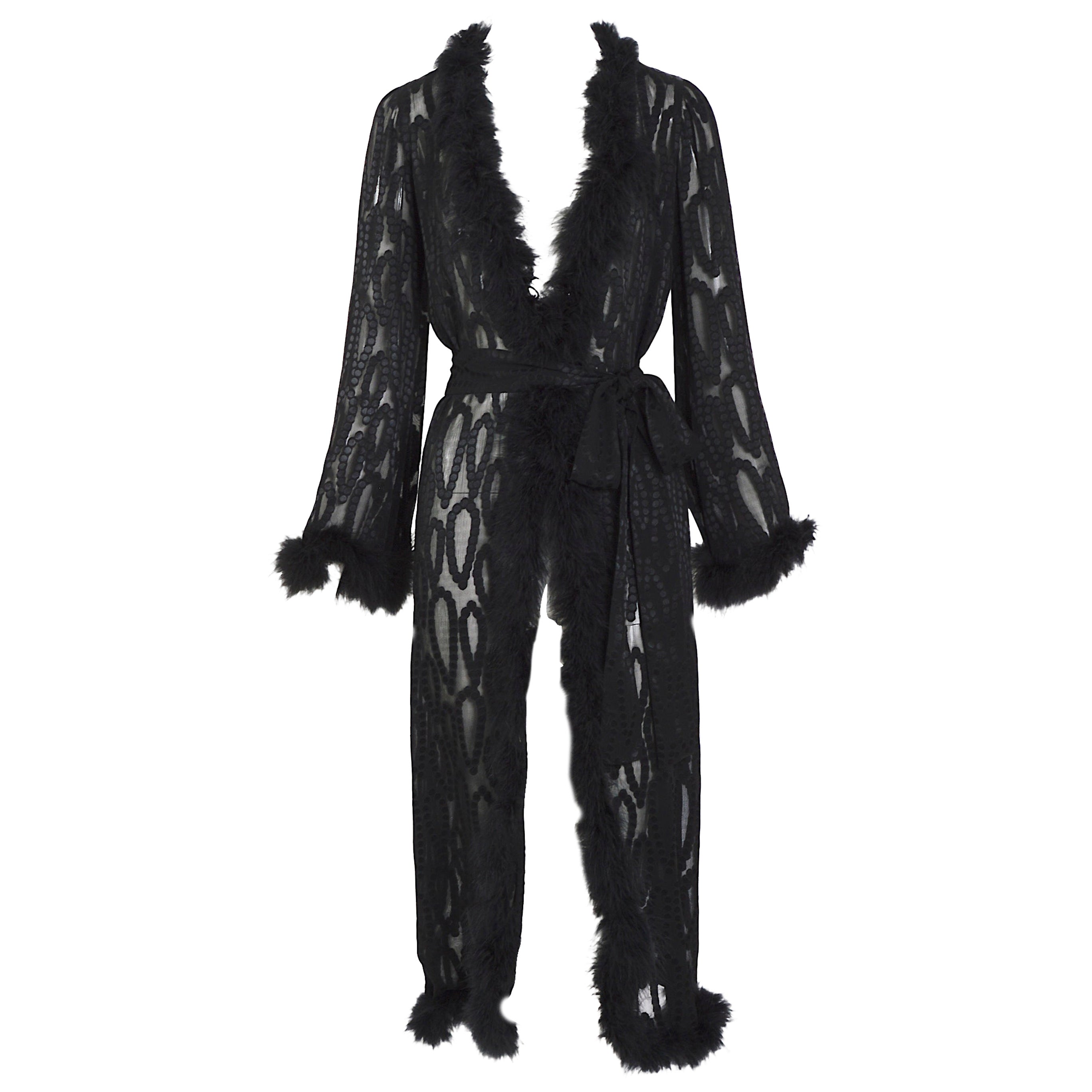 Vintage 70s Yves Saint Laurent marabou feathers trimmed black silk evening coat For Sale