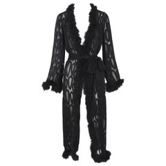 Retro 70s Yves Saint Laurent marabou feathers trimmed black silk evening coat