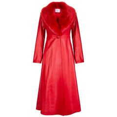 Used Verheyen London Edward Leather Coat with Faux Fur Collar in Red - Size uk 10