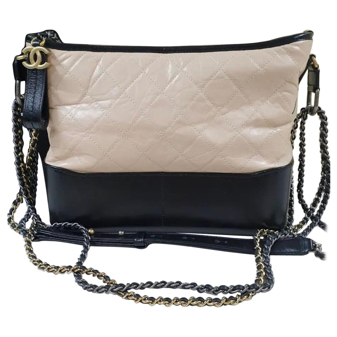 Chanel Gabrielle Quilted Aged Calfskin Beige Black Hobo Bag at