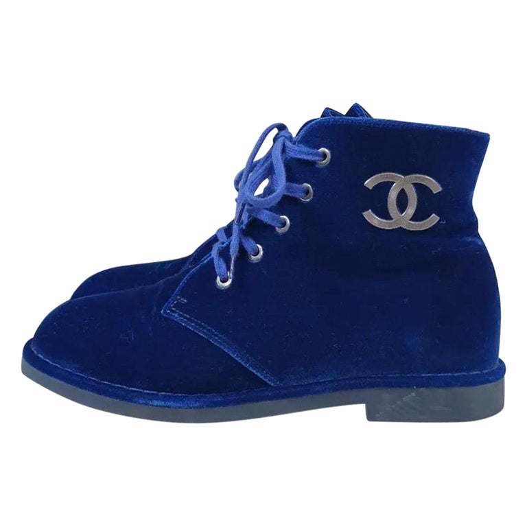 Chanel Blue Velvet Lace Up CC Logo Ancle Boots Booties For Sale at 1stDibs