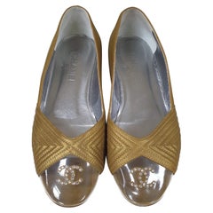 CHANEL Gold Glitter Transparent Toe CC Logo Ballet Flats