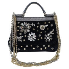 Dolce & Gabbana Black Velvet Crystal Studded Mini Sicily Chain Crossbody Bag