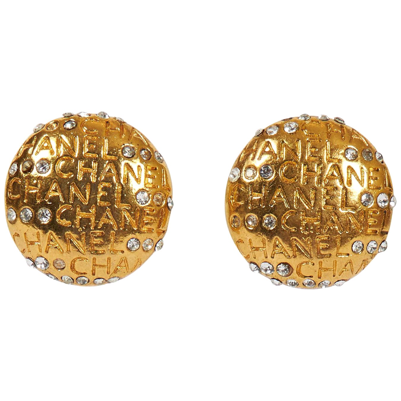 1970's Chanel Rhinestone Logo Earrings For Sale