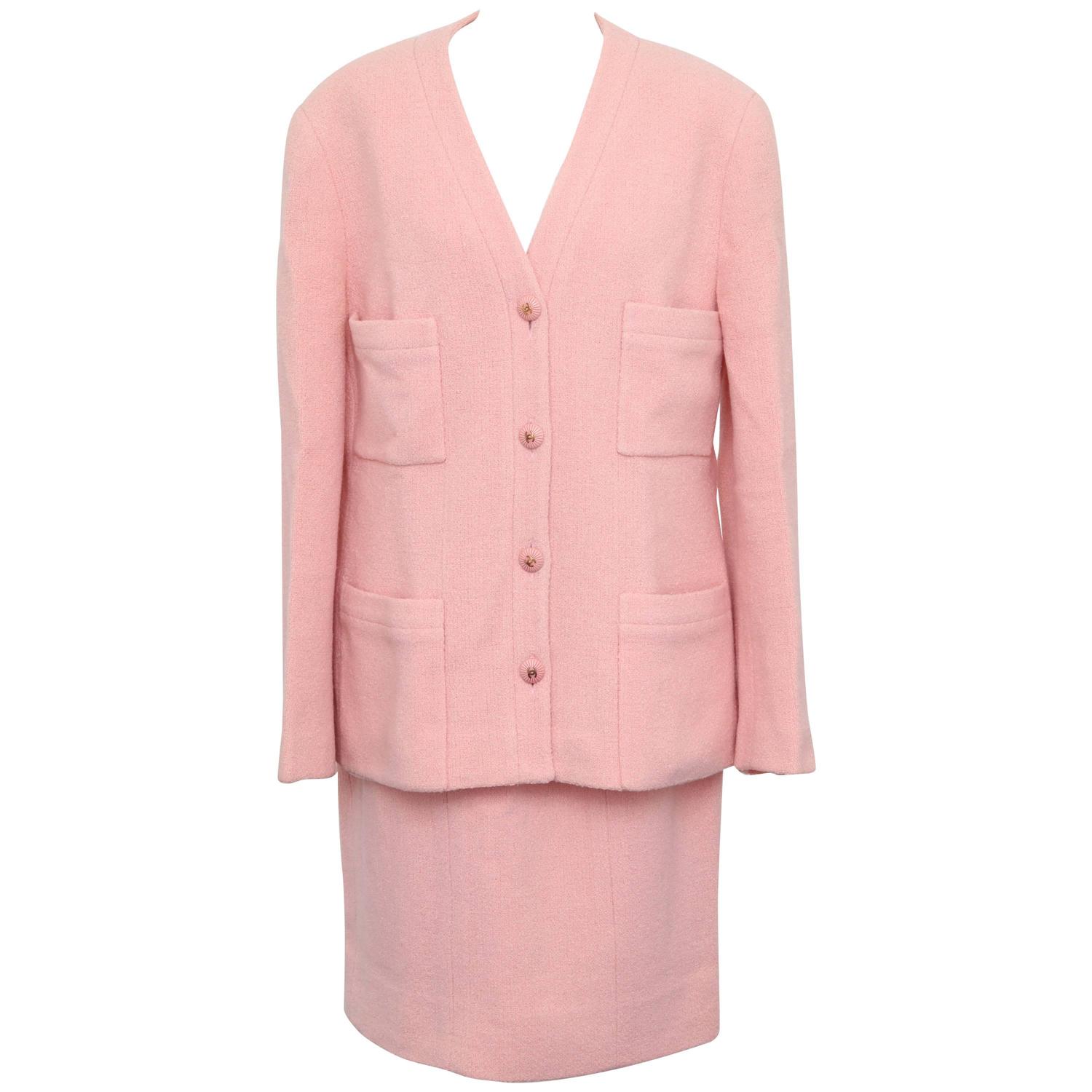 Vintage Chanel Pink Suit with CC Buttons For Sale at 1stdibs