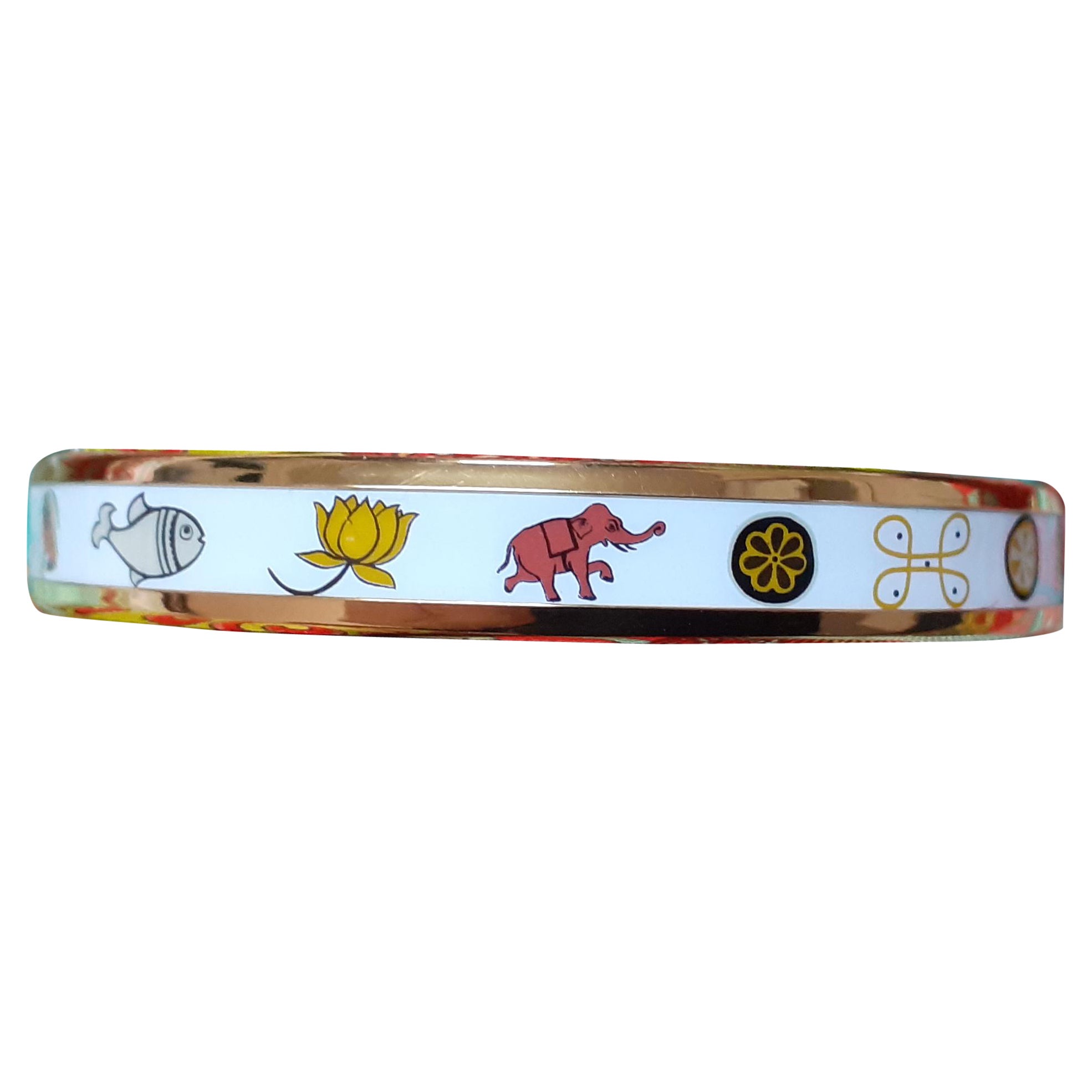 Hermès Pulsera Esmalte Elefante Flor Tema Indio Estrecha Ghw Talla 65 en venta