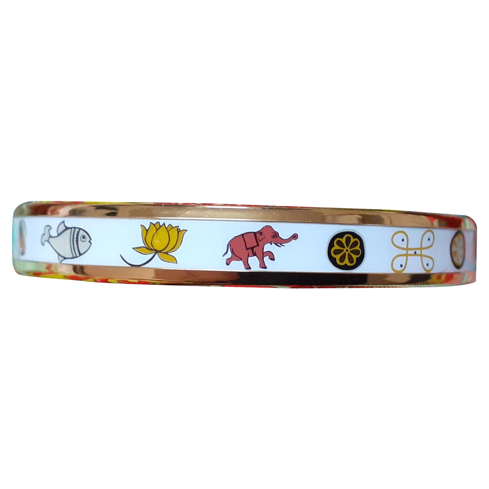 Hermès Enamel Bracelet Elephant Flower Indian Theme Narrow Ghw Size 65 For Sale