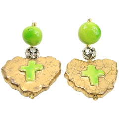 Christian Lacroix Green Gripoix Drop Heart Shaped Drop Clip-On Earrings