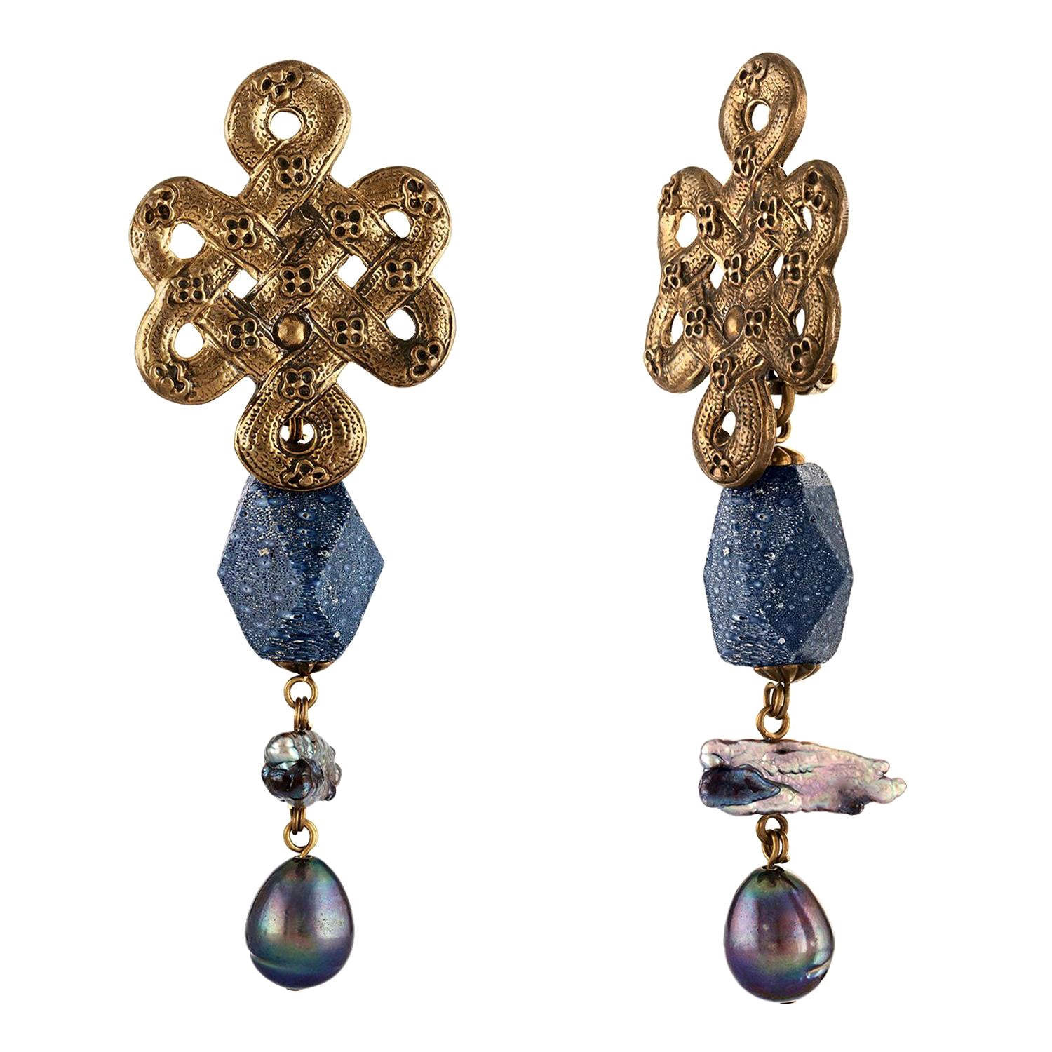 Stephen Dweck Celtic Knot Blue Coral & Pearl Brass Clip-On Earrings For Sale