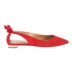 Aquazzura Women's Red Bow Accent Pointed Toe Suede Flats