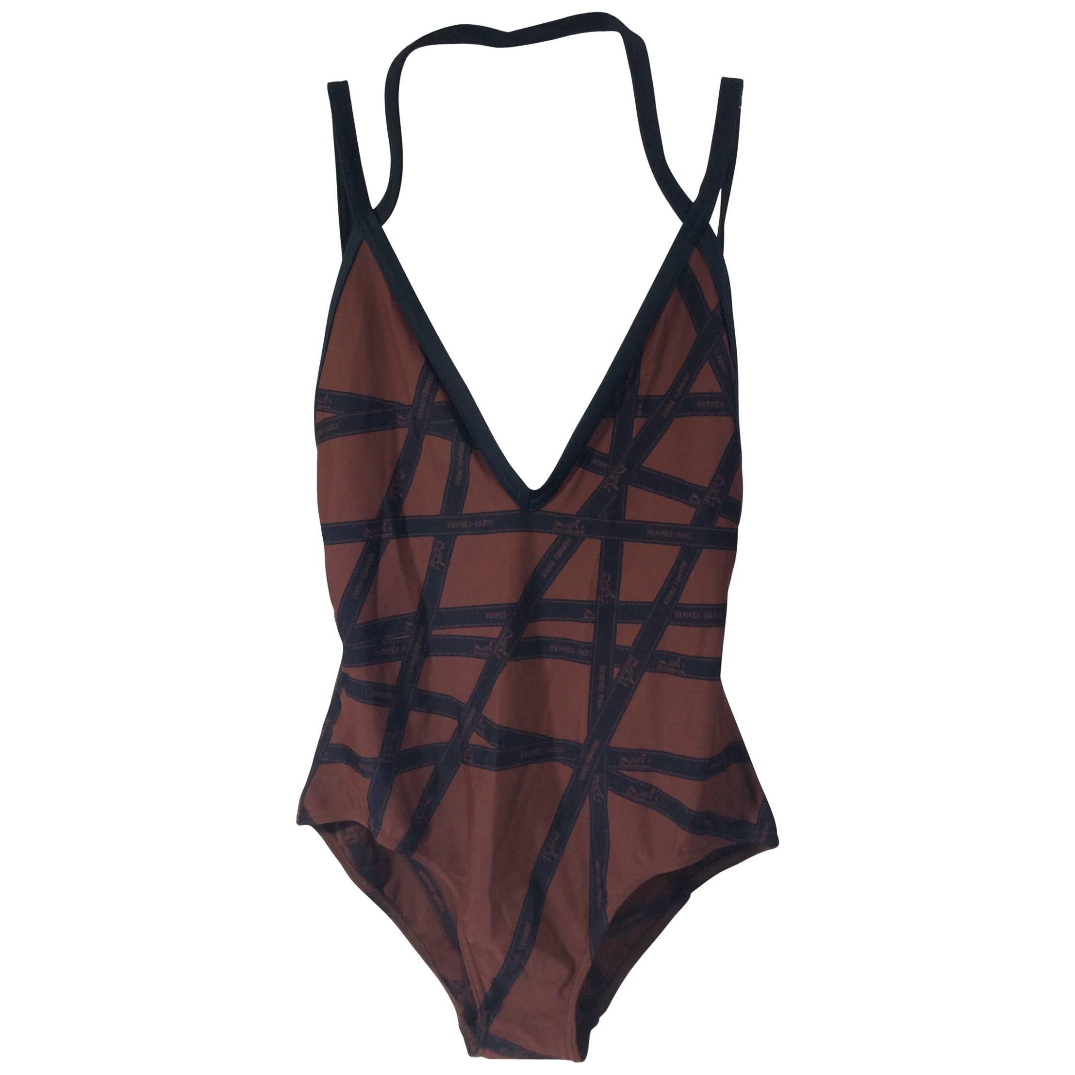 Hermes Ribbon Print Brown and Navy Swimsuit