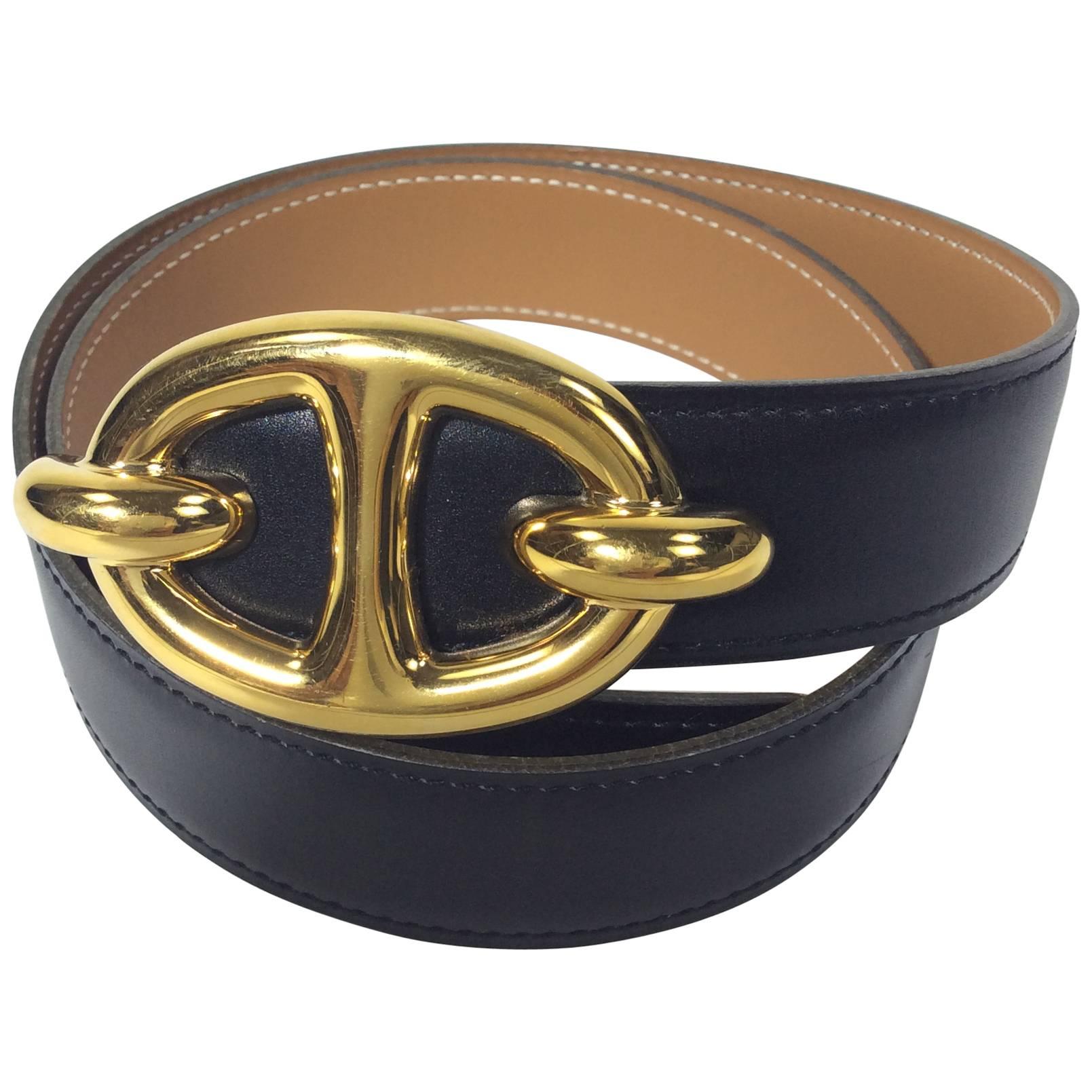 Hermes Black and Tan Reversible Belt with Gold Hardware For Sale