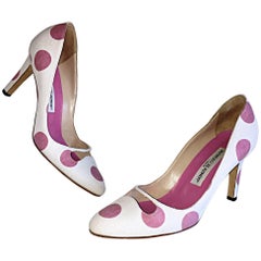 Manolo Blahnik Size 38.5 / 8.5 Pink and White Polka Dot Cut - Out Heels Pumps