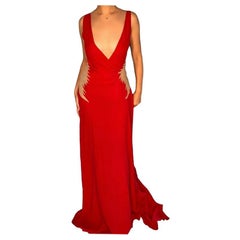 2001 Vintage Gianni Versace Couture Red Silk Chiffon and Nude Lace Gown