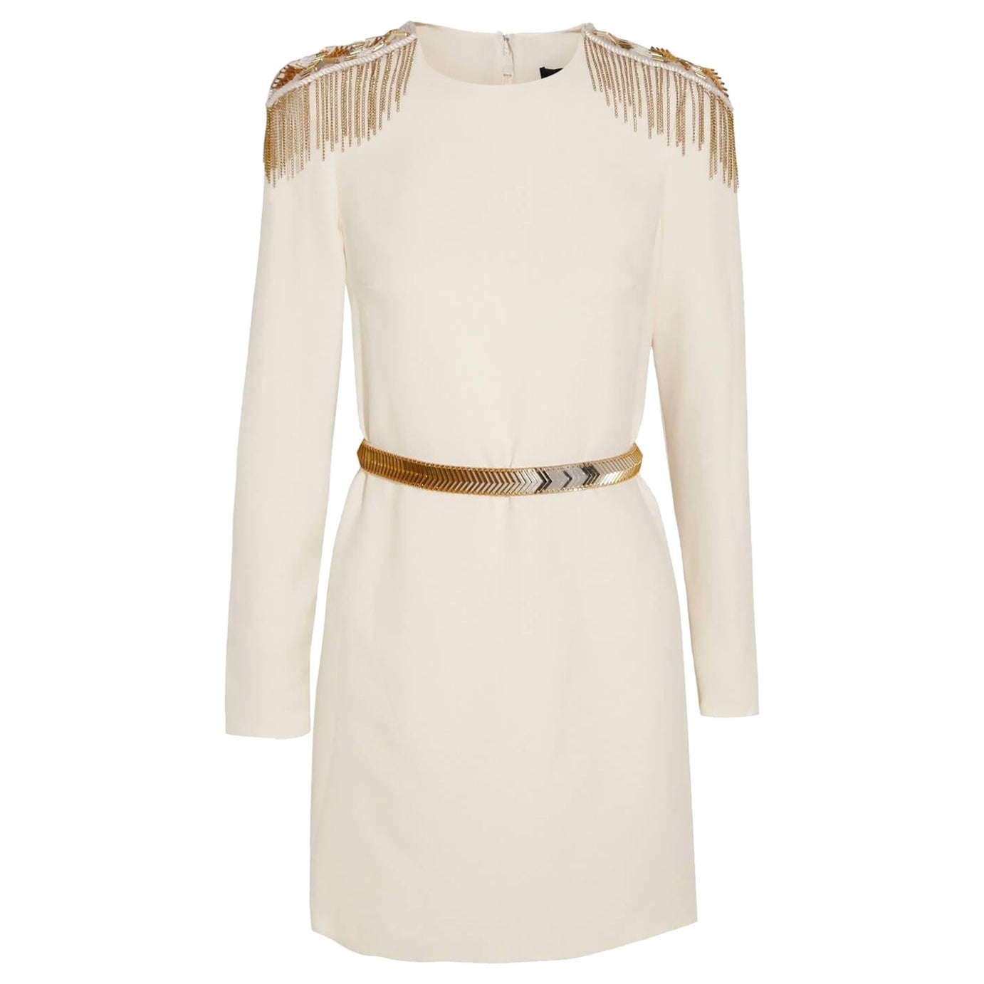 Versace Embellished silk ivory white mini dress w/ embroidered epaulettes & belt For Sale