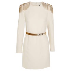 Used Versace Embellished silk ivory white mini dress w/ embroidered epaulettes & belt