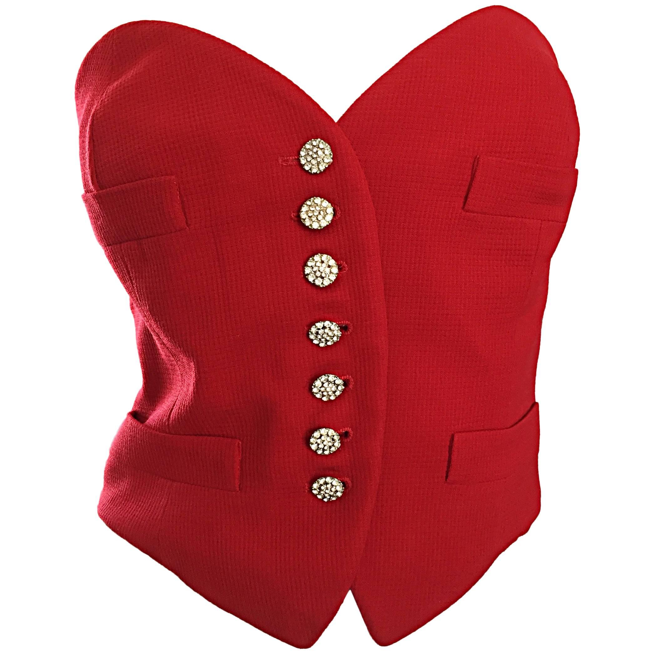 Rare Vintage Moschino Couture Red ' Heart ' Bustier Top w/ Rhinestone Buttons