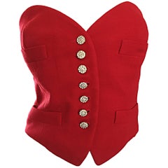 Rare Vintage Moschino Couture Red ' Heart ' Bustier Top w/ Rhinestone Buttons