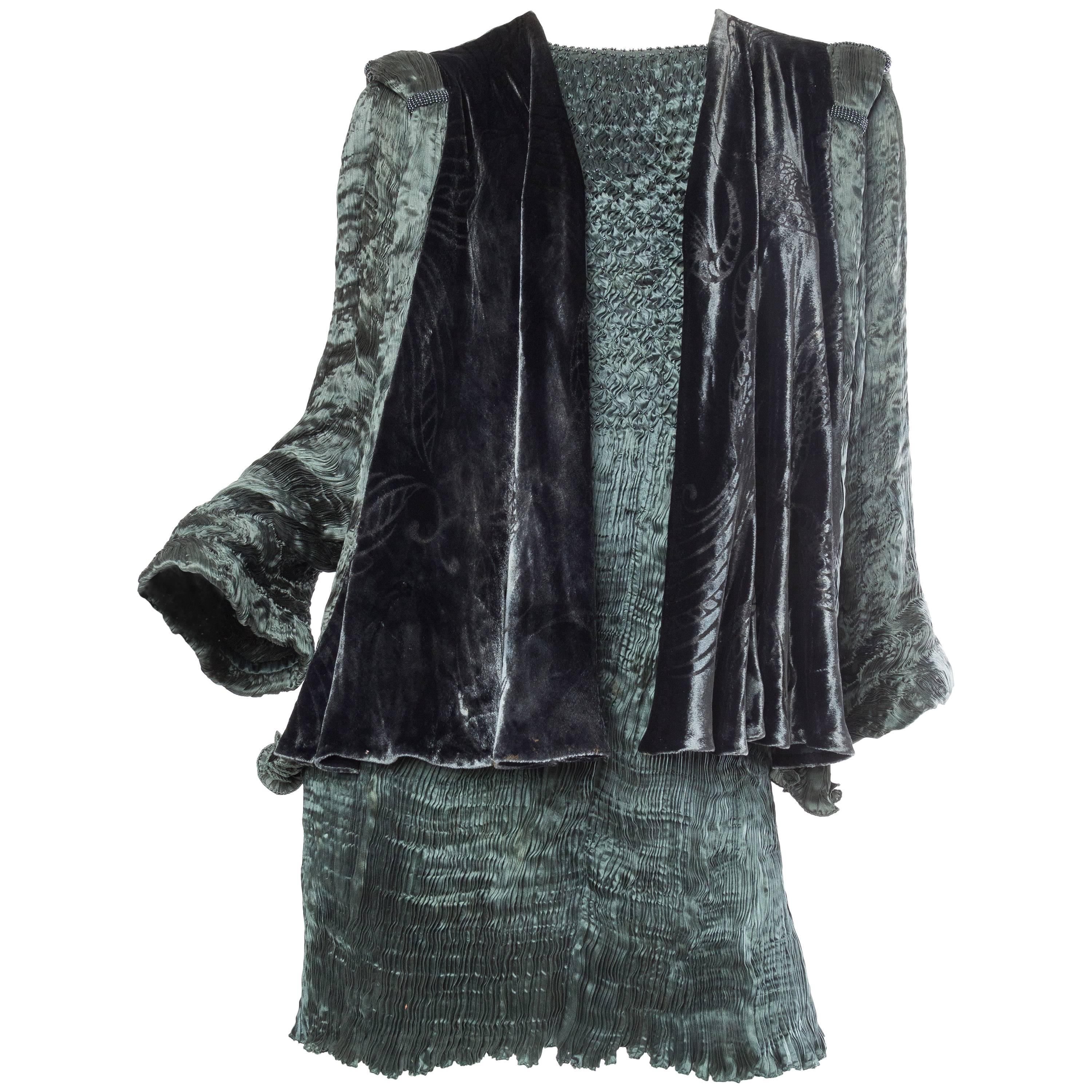1990S PATRICIA LESTER Dark Green Haute Couture Silk Charmeuse Micro Pleated Bea