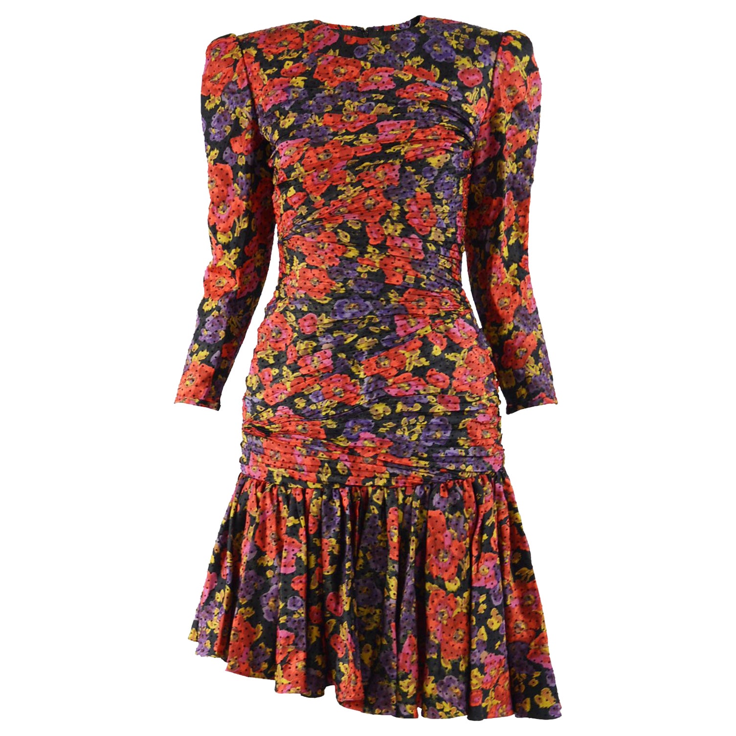 Raffaella Curiel Vintage 80s Ruched Silk Floral Party Evening Dress, 1980s For Sale