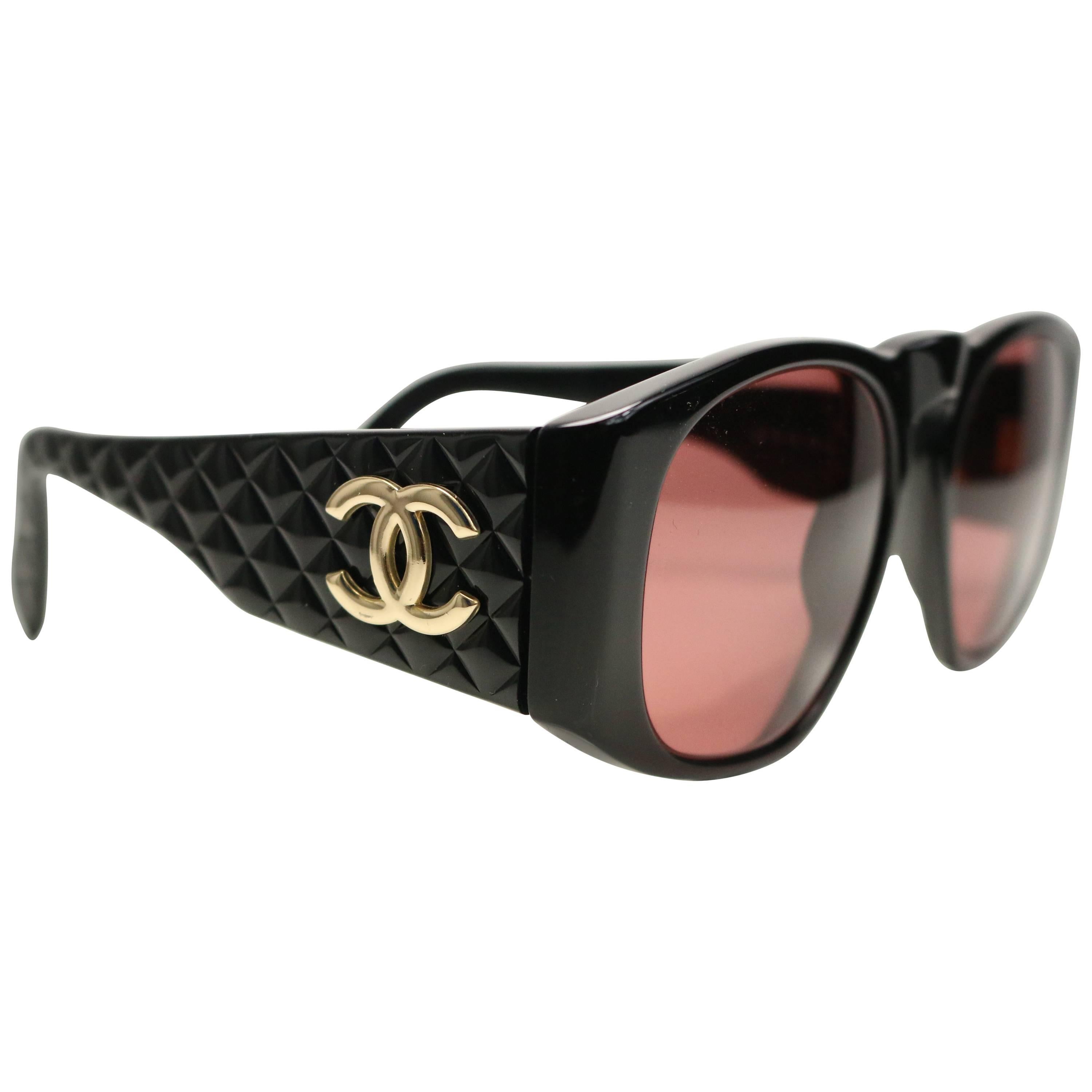 Chanel Black Quilted Rectangular Gold "CC" Logo Sunglasses  For Sale