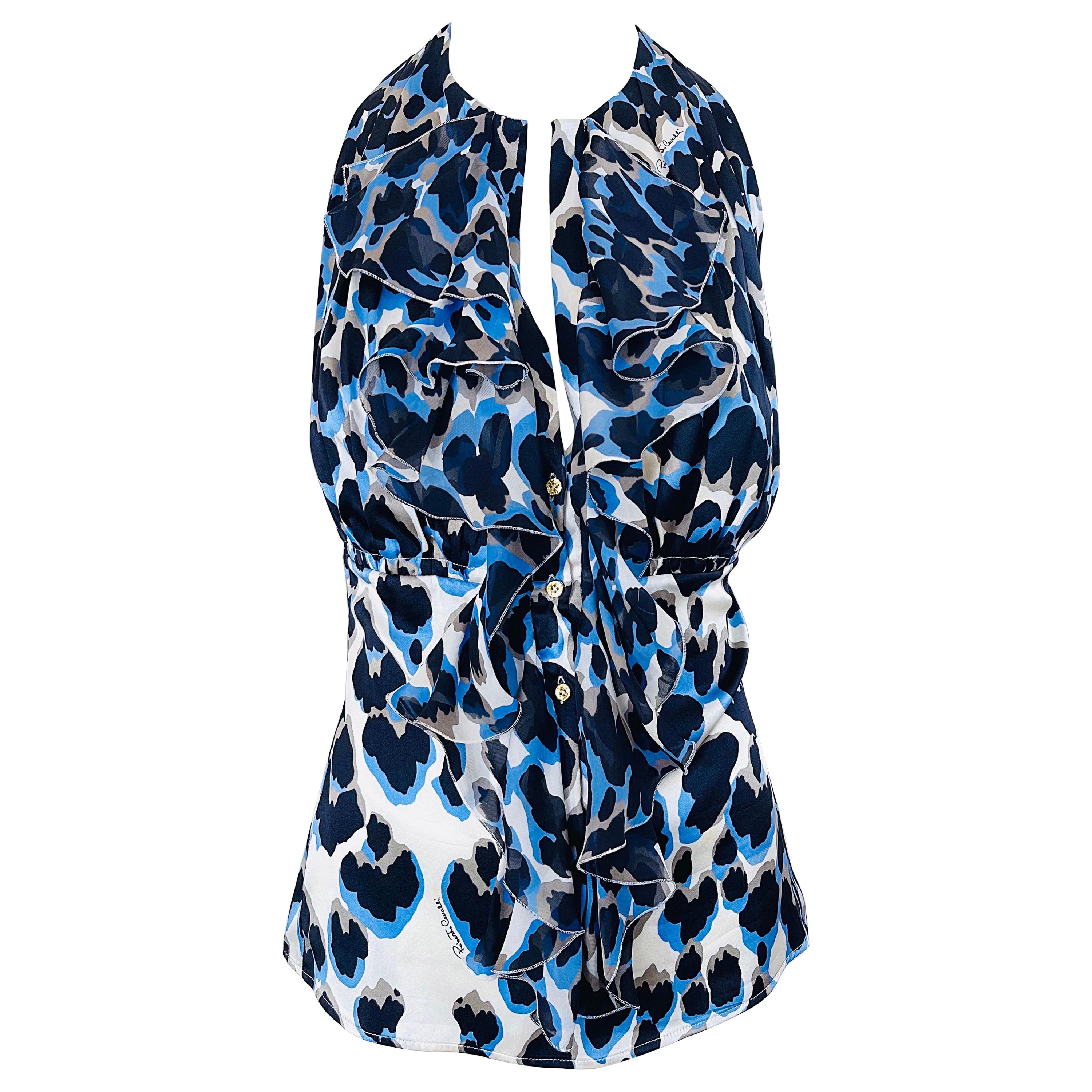 Roberto Cavalli 2000s Size 44 / US 8 Blue Leopard Silk Sleeveless Ruffle Blouse For Sale