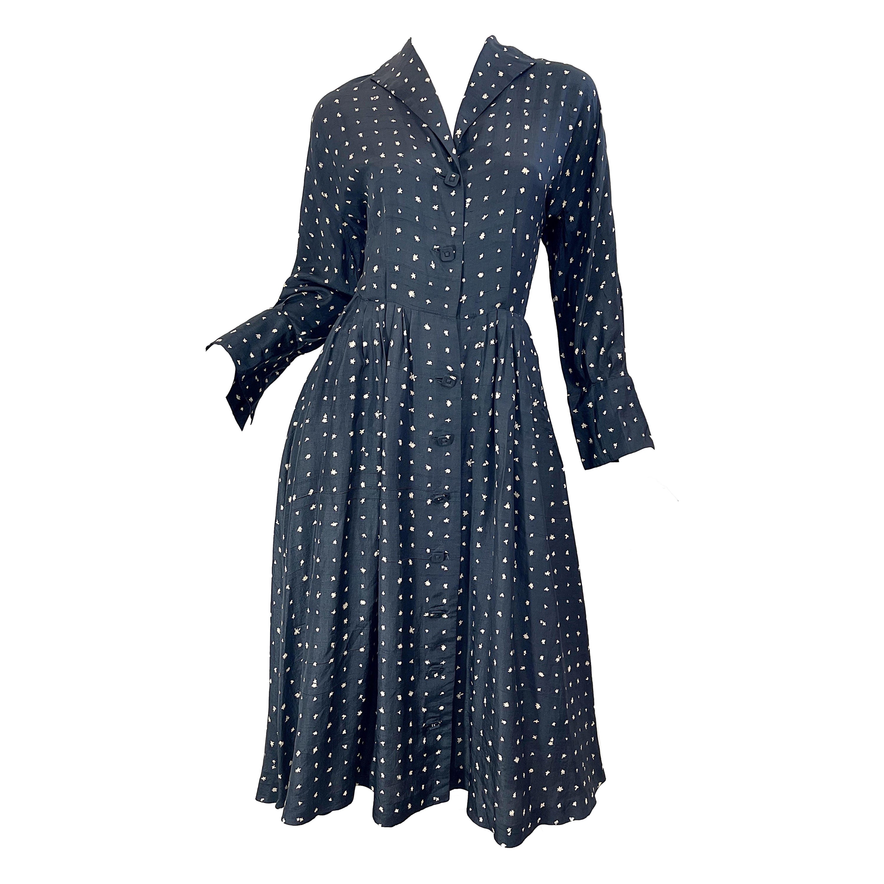 1950s Roberta Lee Originals Black and White Flower Print Vintage 50s Dress For Sale