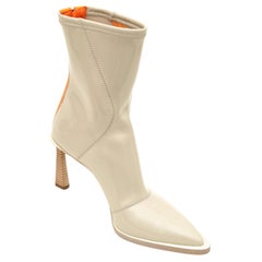 Used FENDI Ankle Boots Beige Orange Neoprene FFRAME Zipper Wood Heels Sz 38