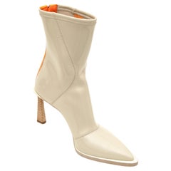 FENDI Ankle Boots Beige Orange Neoprene FFRAME Zipper Wood Heels Sz 38