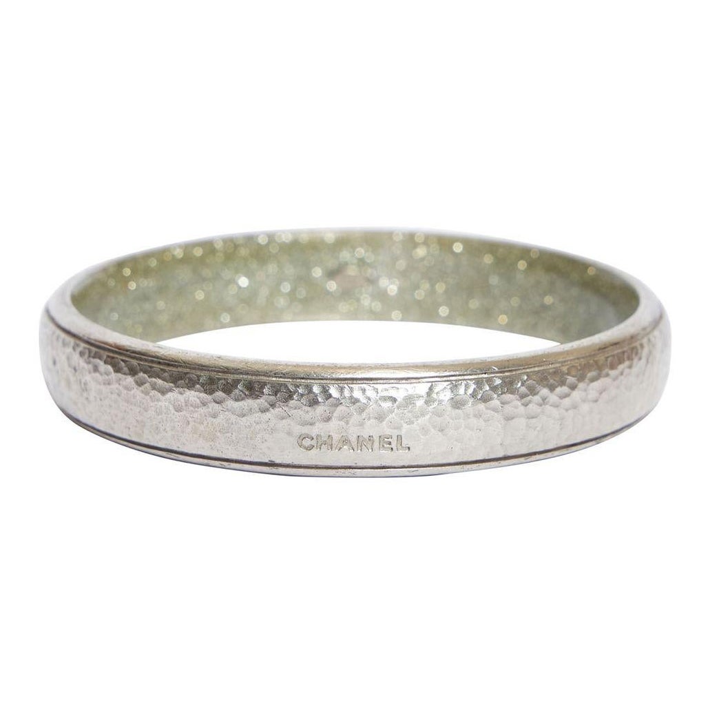 Chanel Silver Hammered Bangle Bracelet For Sale