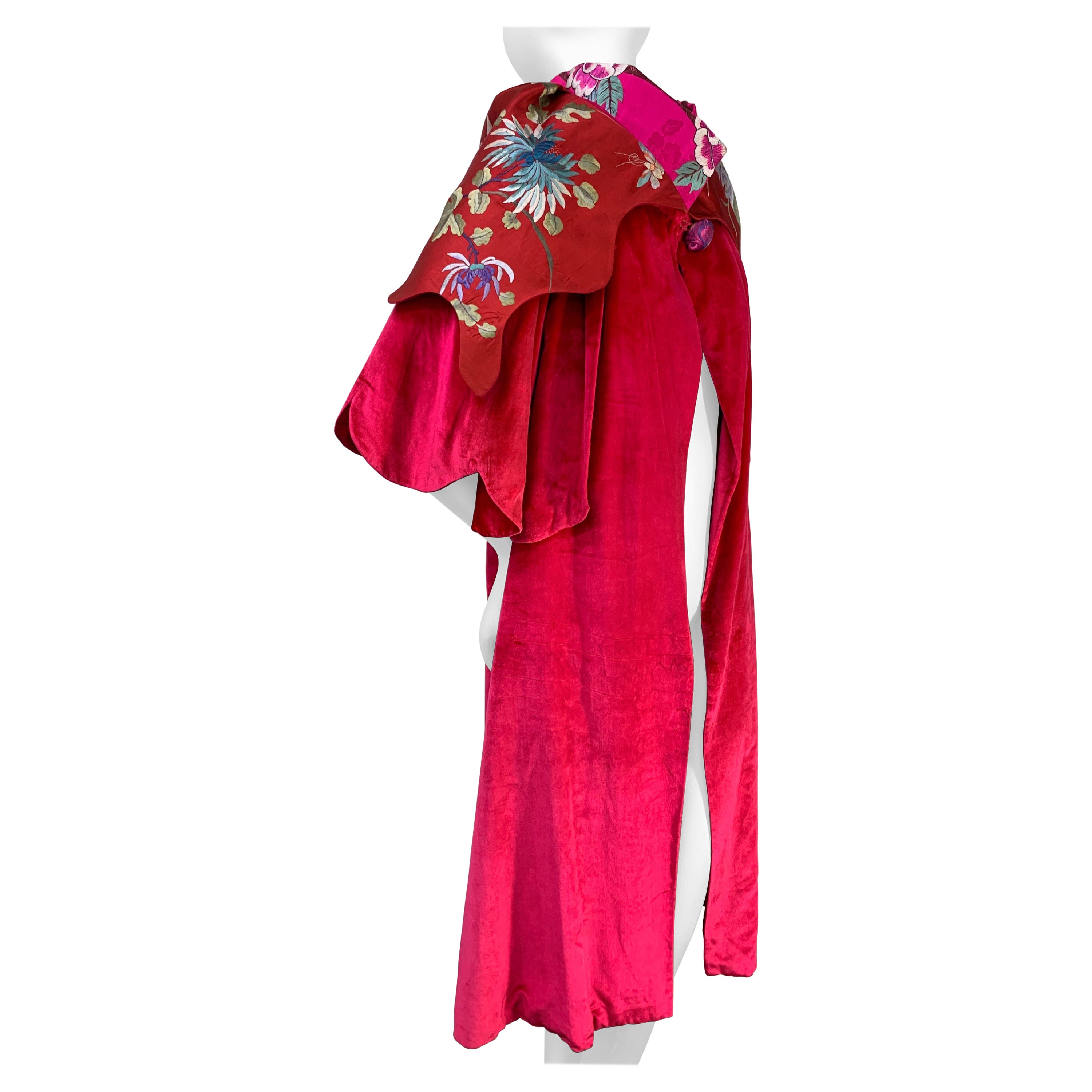 Torso Creations 1920s Shocking Pink Silk Panne Velvet Cape w Embroidered Collar For Sale