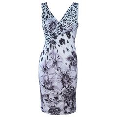 VERSACE Stretch Knit Jersey White Floral and Animal Print Cocktail Dress Size M