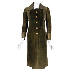 Vintage 1970's Gucci Olive-Green Leather Suede Logo Enamel Trench Coat Jacket