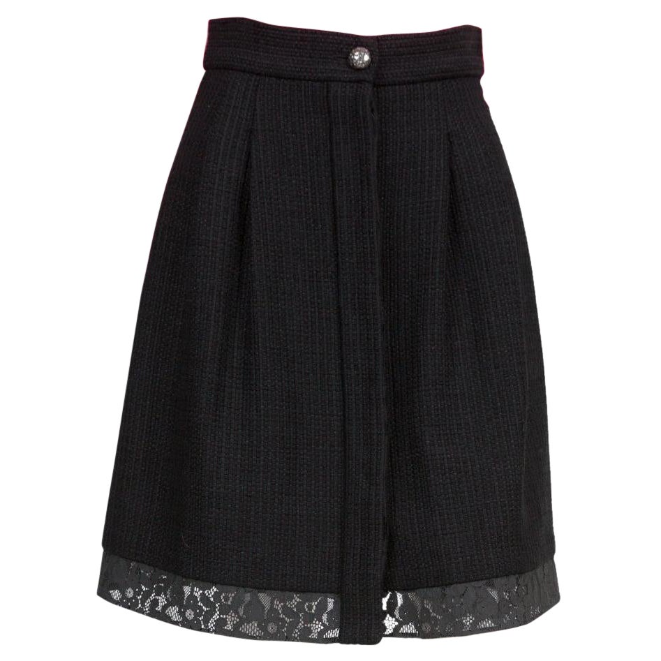 Chanel Black Cotton Tweed Lace Skirt For Sale