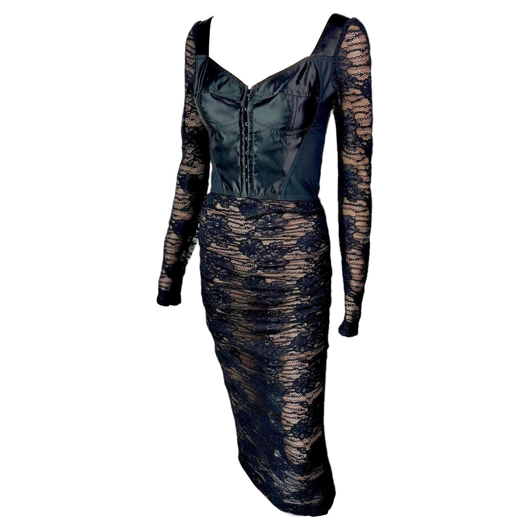 Dolce & Gabbana Bustier Corset Bra Sheer Lace Crochet Bodycon Black Midi Dress For Sale