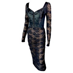 Dolce & Gabbana Bustier Corset Bra Sheer Lace Crochet Bodycon Black Midi Dress