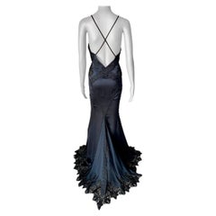 Versace c.2006 Plunging Neckline Sheer Lace Panels Backless Evening Dress Gown 