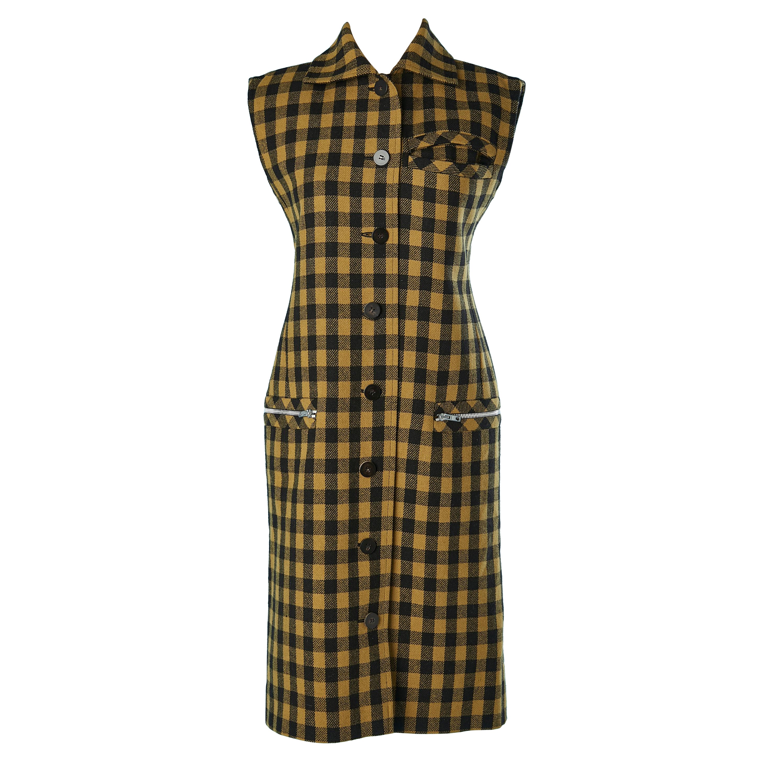 Black and kaki check wool sleeveless dress Yves Saint Laurent Variation  For Sale