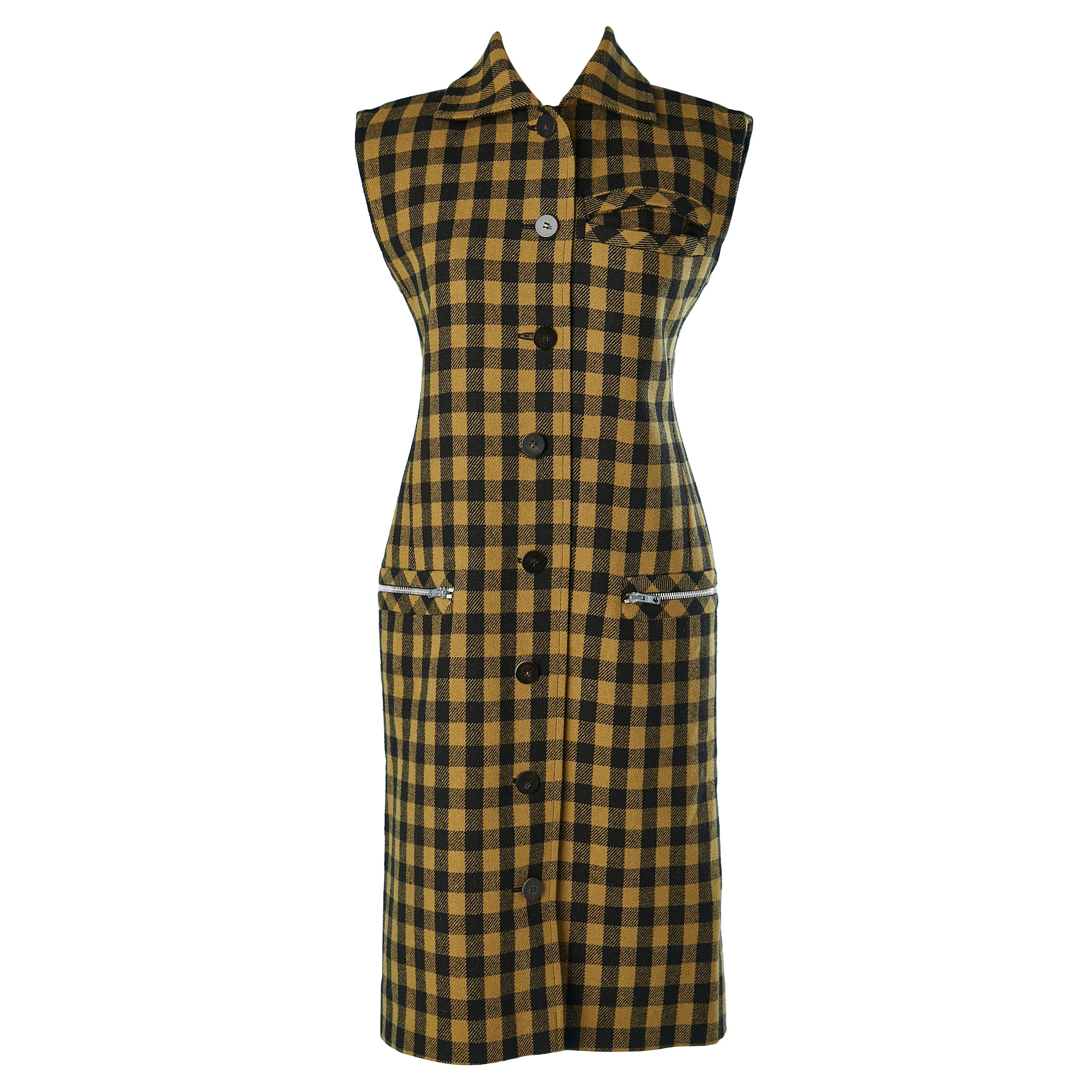 Robe sans manches en laine à carreaux noirs et kakis Yves Saint Laurent Variation