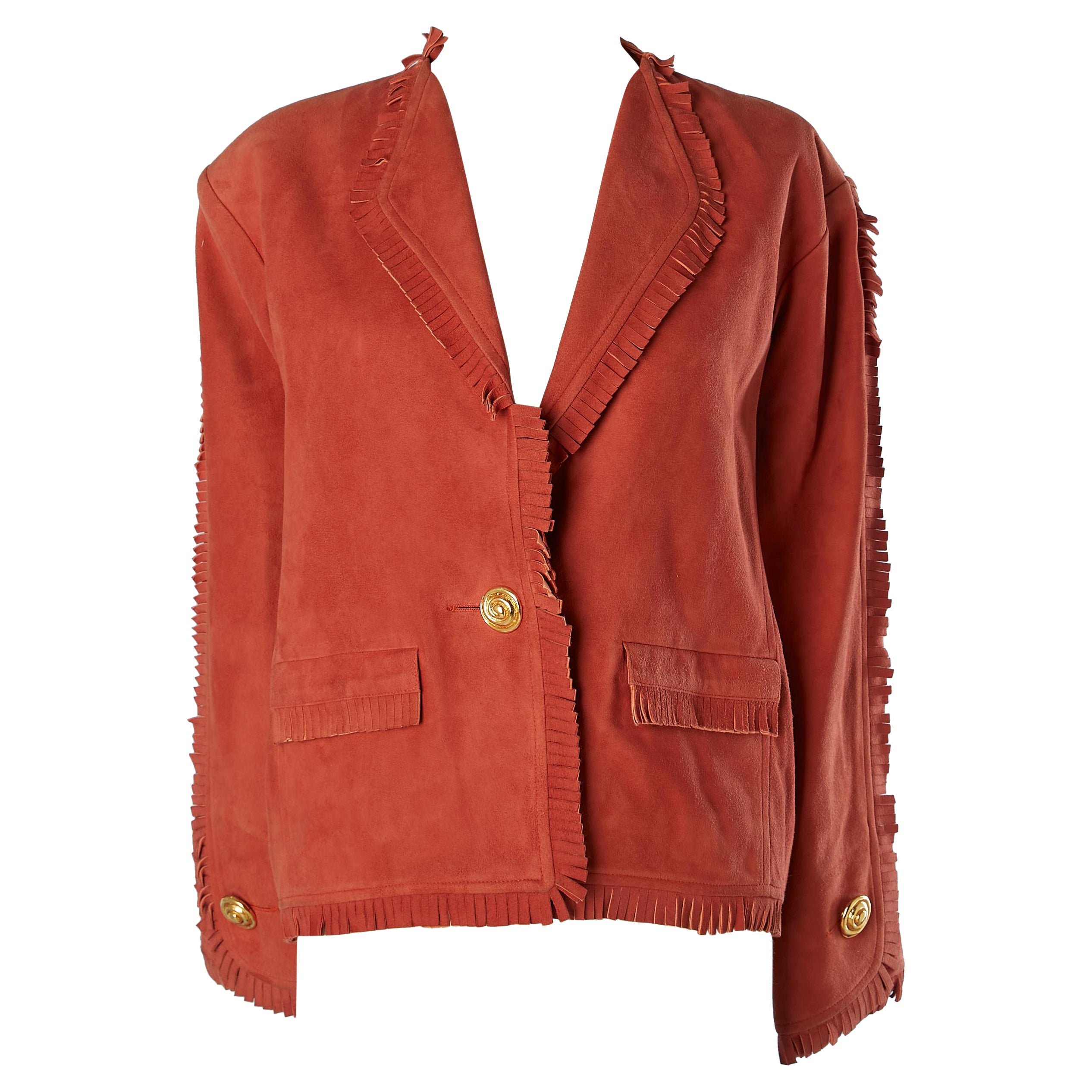Velvet lamb suede jacket with fringes edge Yves Saint Laurent Rive  For Sale