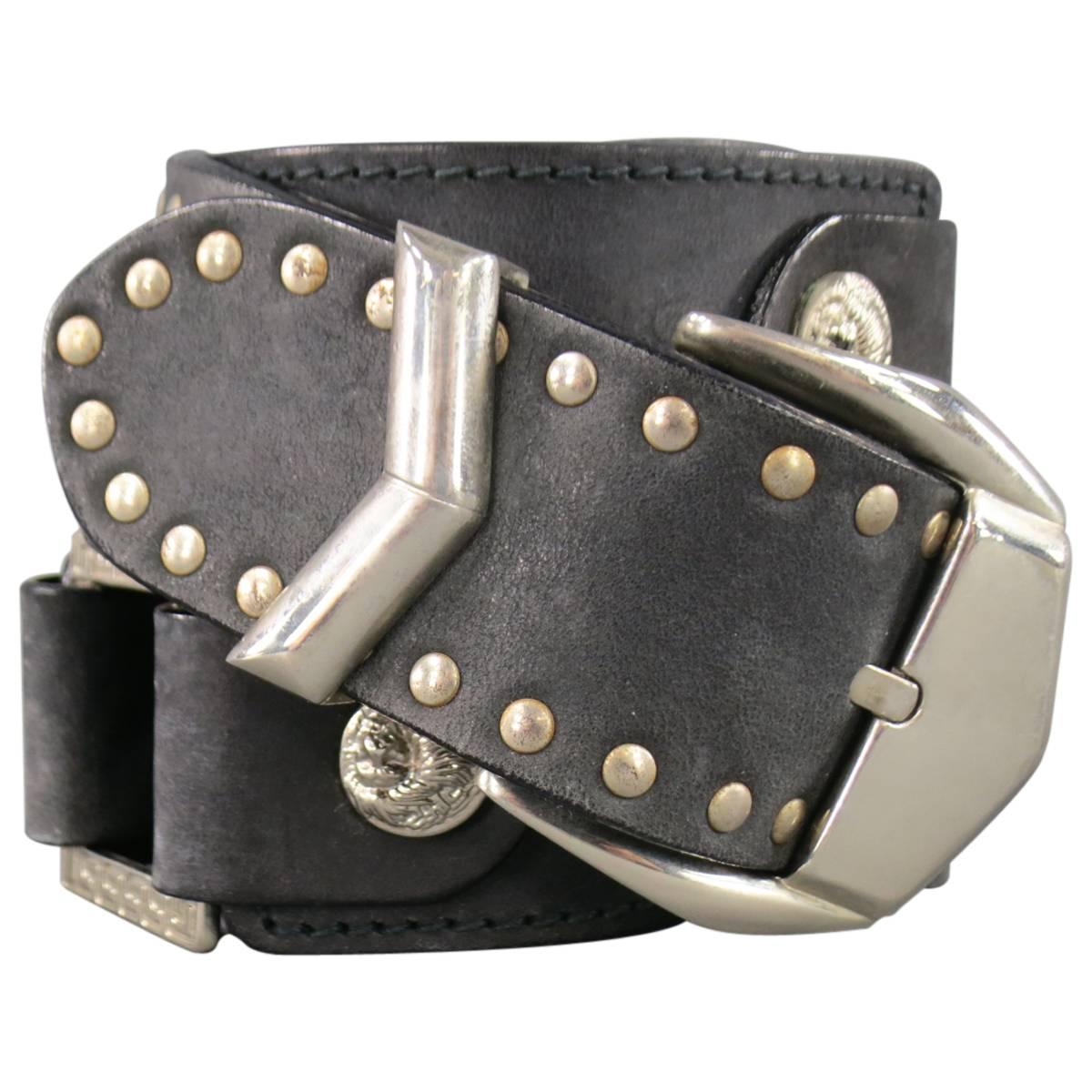 Vintage VERSUS by GIANNI VERSACE Size 34 Black Silver Studded Lion Head Belt