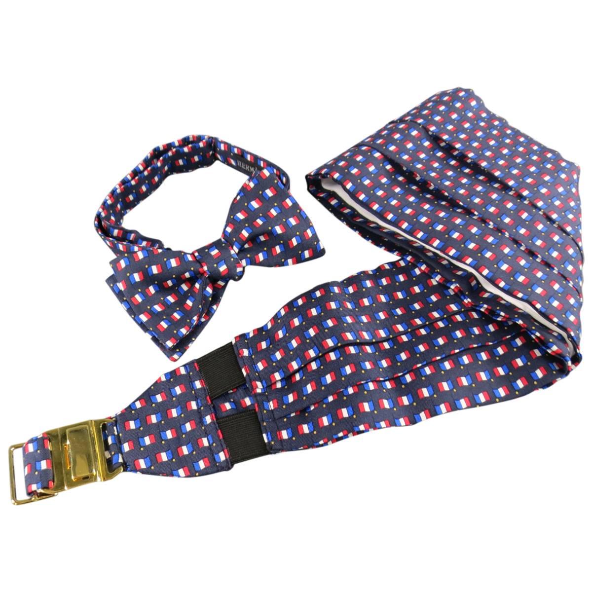 Men's Vintage HERMES Silk Navy French Flag Print Bow Tie Cummerbund Set