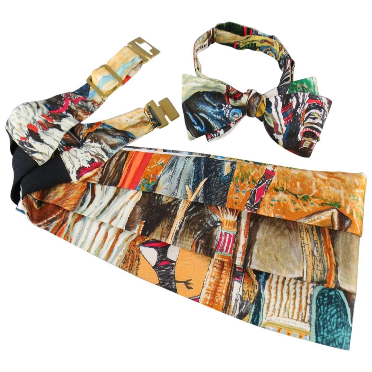 Men's Vintage HERMES Beige Rustic Wilderness Print Silk Bow Tie